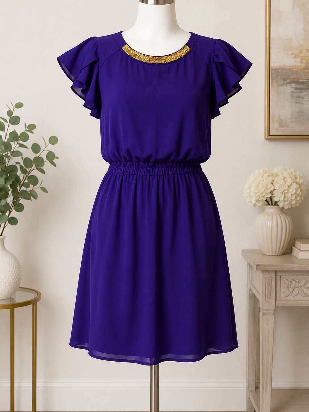 Gianni Bini Women’s Purple Flutter Sleeve Dress Gold Embellished Neck Size Small